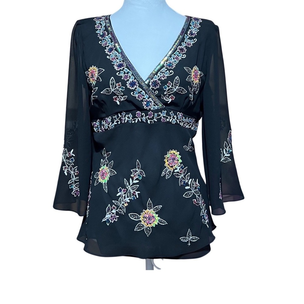 Vintage Y2K Festive Rita Blue Beaded Embroidered Sheer Boho Fairycore Top Size10